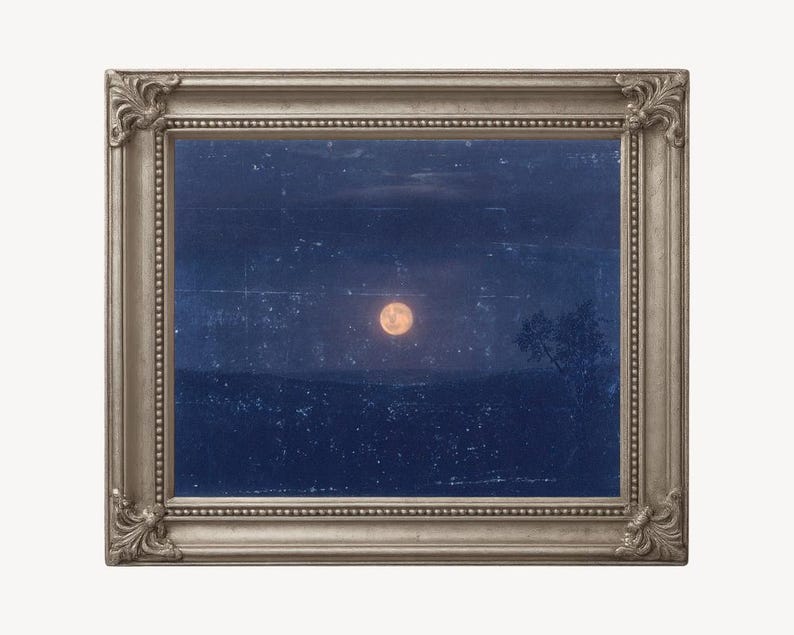Vintage moon painting, Moonlight art print, Antique celestial wall art, Night sky, Blue, Old moon art, Frederic Edwin Church, 19th century image 2