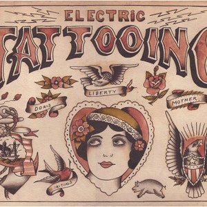 Vintage tattoo flash print, Antique tattoo art, Owen Jensen, Electric Tattooing poster, Traditional tattoos wall art, Woman, Eagle, Swallow