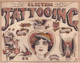 経　tattoo poster Vintage Tattoo Flash Print, Antique Tattoo Art, Owen Jensen