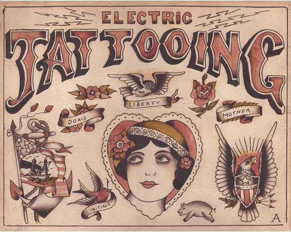 Vintage tattoo flash print, Antique tattoo art, Owen Jensen, Electric Tattooing poster, Traditional tattoos wall art, Woman, Eagle, Swallow Vintage tattoo flash print, Antique tattoo art, Owen Jensen, Electric Tattooing poster, Traditional tattoos wall art, Woman, Eagle, Swallow