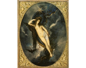 Nyx, Night Goddess, Gustave Moreau art print, Pagan goddess painting, Dark art, Occult art, Gothic wall art, Baroque art, Antique woman