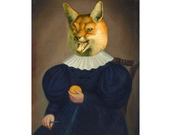 The Reformed Carnivore, Collage art print, Red fox painting, Kitchen wall art, American folk art portrait, Vintage animal, Surreal, Strange