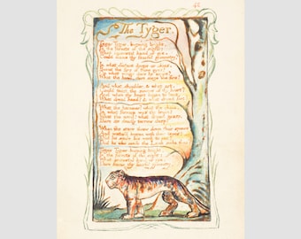The Tyger, William Blake art print, Tiger poem, Songs of Innocence and Experience, Illuminated text, Poetry wall art, Storybook illustration