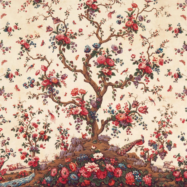 Antique Tree of Life art print, Vintage nature painting, Chinoiserie wall art, Birds, Animals, Flowers, Peacock, 19th century Italian, 1800s