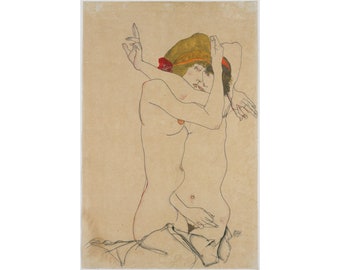 Two Women Embracing, Egon Schiele art print, Lesbian wall art, Woman line drawing, Figure painting, Lovers, Modern art