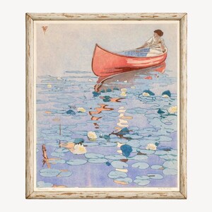 Woman Canoeing art print, Craftsman style color block print, Canoe painting, Waterlilies, Lake wall art, Cabin decor, Walter Joseph Phillips image 2