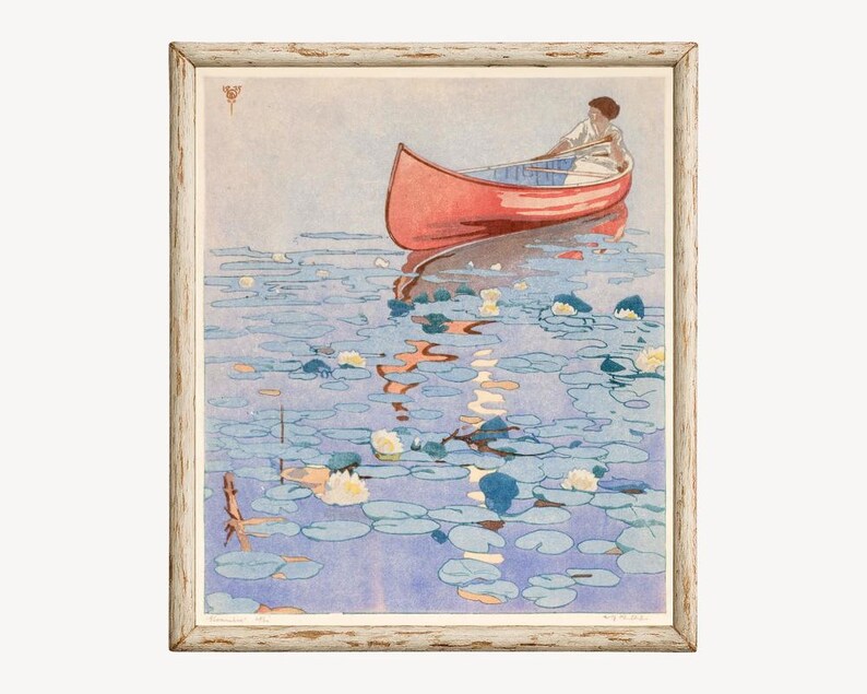 Woman Canoeing art print, Craftsman style color block print, Canoe painting, Waterlilies, Lake wall art, Cabin decor, Walter Joseph Phillips image 2