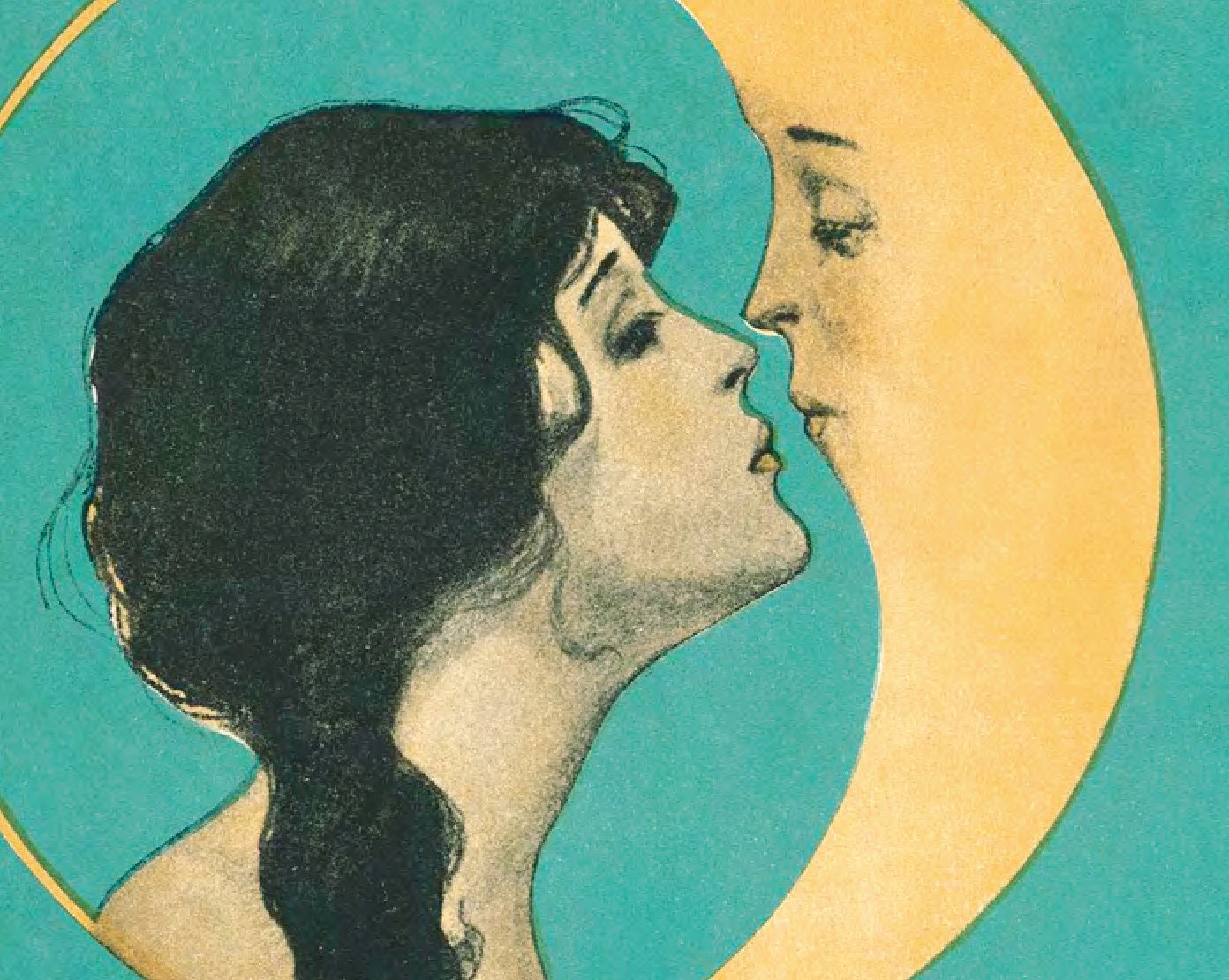 Vintage Woman Kissing Moon Art Print Man in the Moon picture image