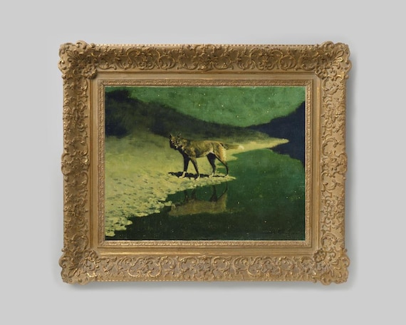 Antique Wolf painting, Moonlight Wolf by Frederic Remington, Lone 