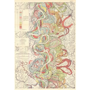 Mississippi River Meander Map print, Alluvial Valley, Old map reproduction, Colorful topographical map, Antique American geography wall art