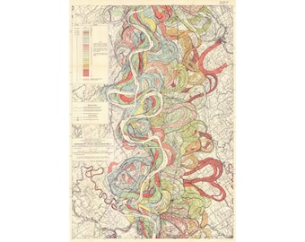 Mississippi River Meander Map print, Alluvial Valley, Old map reproduction, Colorful topographical map, Antique American geography wall art