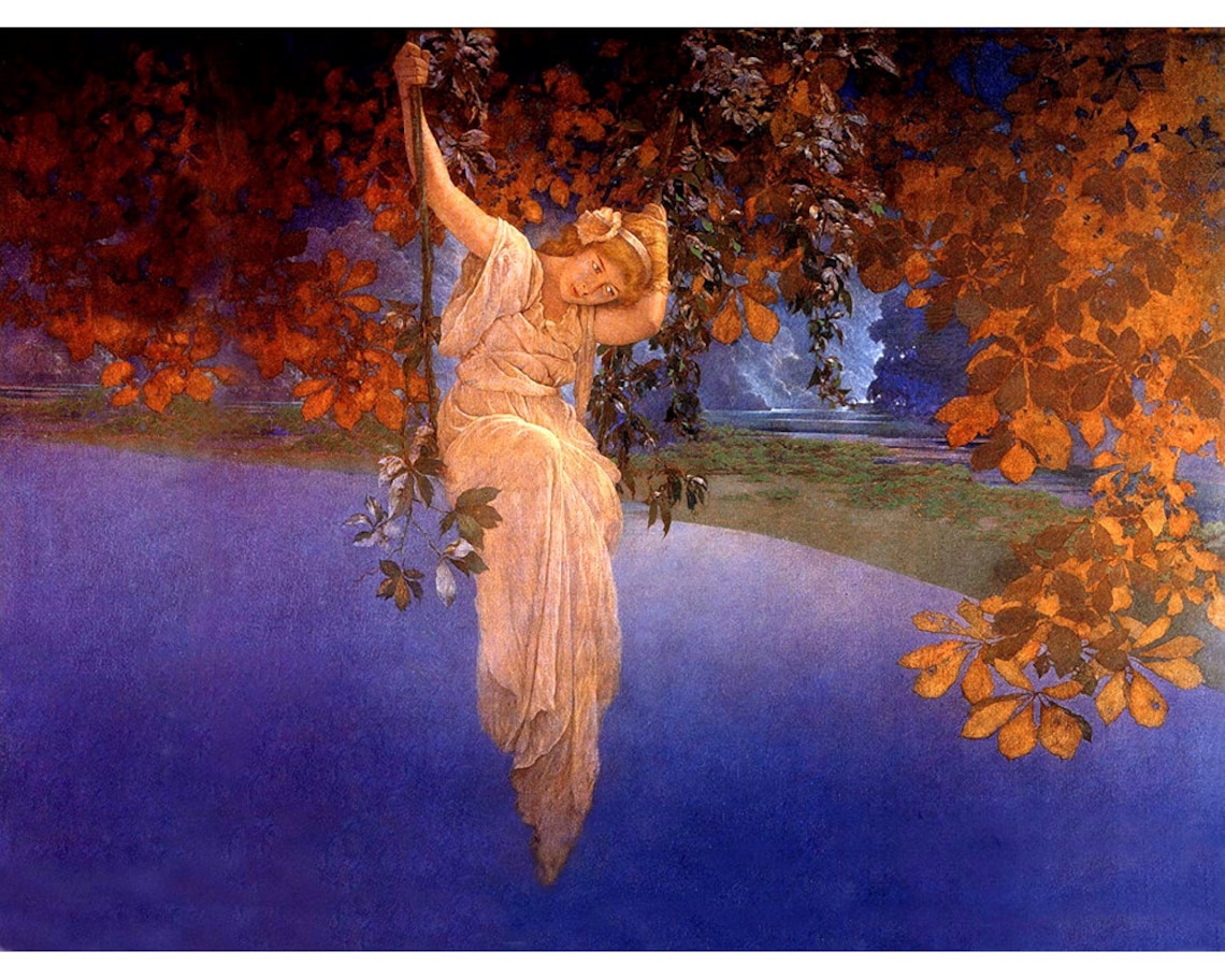 Maxfield Parrish painting Girl on a swing Reveries Antique image 1