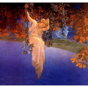 Maxfield Parrish painting, Girl on a swing, Reveries, Antique art nouveau woman art print, Vintage nature wall art, Goddess, Autumn lake