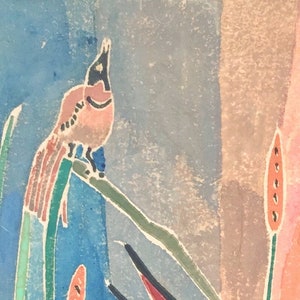May include: A watercolor painting of a pink bird with a black head perched on a green branch. The background is a colorful abstract design with shades of blue, pink, and brown.