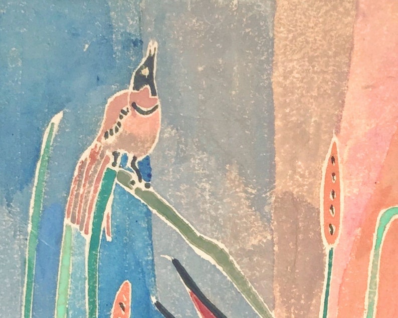May include: A watercolor painting of a pink bird with a black head perched on a green branch. The background is a colorful abstract design with shades of blue, pink, and brown.