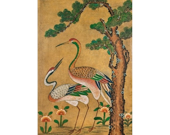 Impresión artística de grullas asiáticas, pintura Minhwa coreana, arte popular antiguo, decoración oriental vintage, arte mural natural, pájaros coloridos, flores, árboles