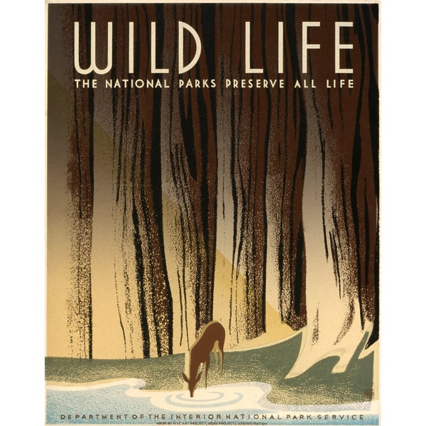 Preserve Wildlife Vintage National Parks poster, Art deco deer art print, Woodland wall art, Forest animals, Trees, Nature art, Conservation
