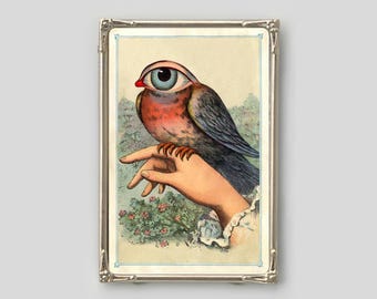 Strange Bird, Collage art print, Vintage eye, Victorian hand, Surreal animal wall art, Eyeball, Dada, Weird, Psychedelic, Magical creature