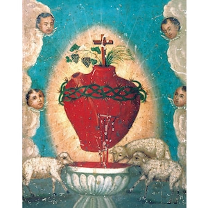 Mexican folk art retablo print, Ex voto painting, Sacred Heart of Jesus, Bleeding Heart, Lamb of God, Vintage religious icon, 19th century