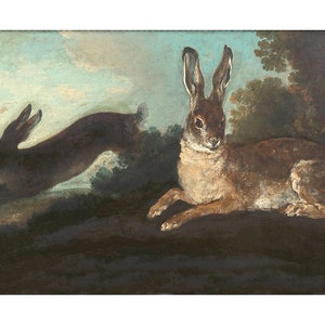 May include: A painting of two rabbits in a woodland setting. One rabbit is brown and white and is lying down, while the other rabbit is black and is leaping through the air.