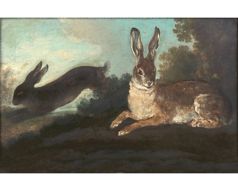 May include: A painting of two rabbits in a woodland setting. One rabbit is brown and white and is lying down, while the other rabbit is black and is leaping through the air.