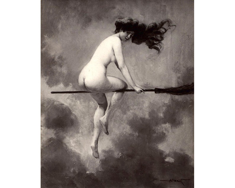 Witch riding broomstick, Vintage nude woman art print, Witch's broom, Albert Joseph Penot, Gothic, Occult, Halloween, Antique nude, Dark art 