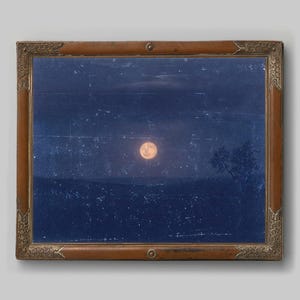 Vintage moon painting, Moonlight art print, Antique celestial wall art, Night sky, Blue, Old moon art, Frederic Edwin Church, 19th century image 4