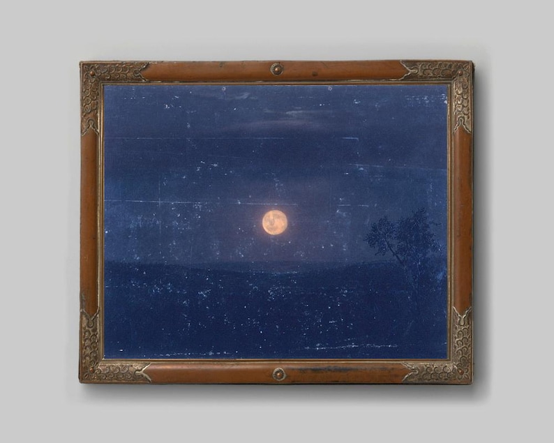 Vintage moon painting, Moonlight art print, Antique celestial wall art, Night sky, Blue, Old moon art, Frederic Edwin Church, 19th century image 4