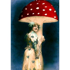 impression d'art vintage femme et champignon, carte postale ancienne, champignon vénéneux à pois rouges, art mural psychédélique, champignons magiques, Alice au pays des merveilles