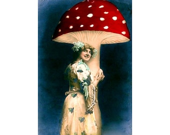 Vintage woman and mushroom art print, Antique postcard, Red spotted toadstool, Psychedelic wall art, Magic mushrooms, Alice in Wonderland