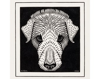Black and white dog art print, Craftsman style decor, Animal block print, Vintage woodblock, Antique dog wall art, Wire haired terrier