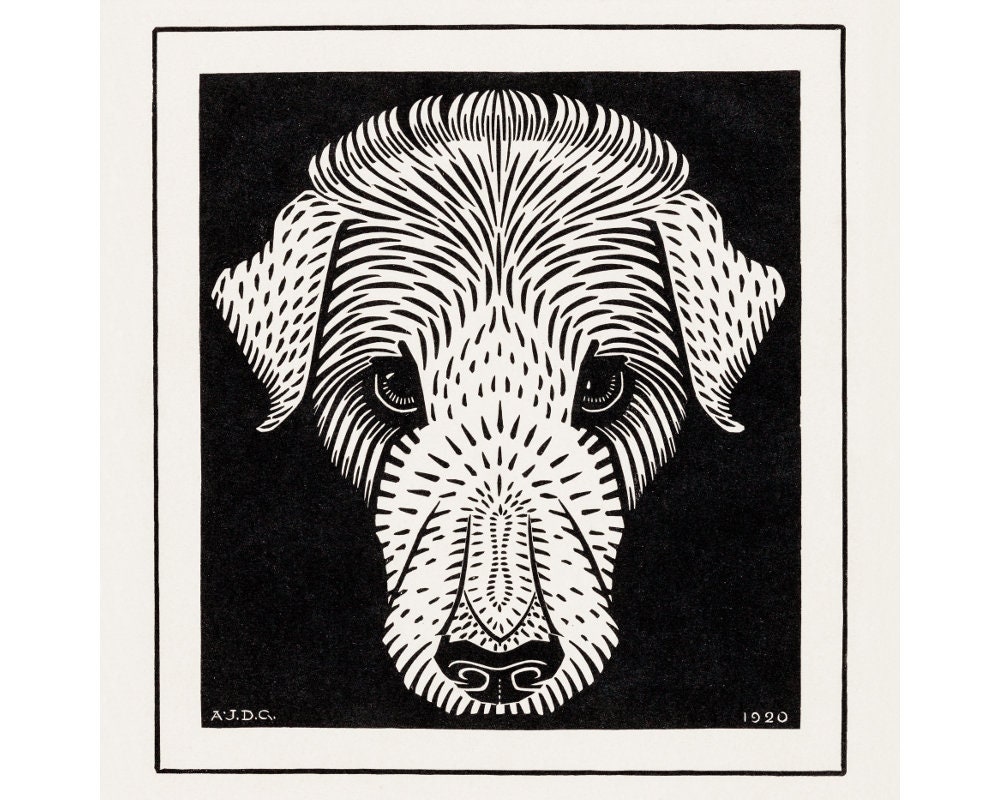 Black and White Dog Art Print Craftsman Style Decor Animal Etsy