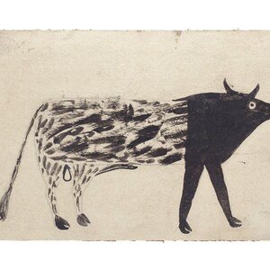 Bill Traylor bull painting, Modern black and white animal drawing, Vintage folk wall art, Americana art print, Primitive farm animal art image 2