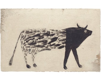 Bill Traylor bull painting, Modern black and white animal drawing, Vintage folk wall art, Americana art print, Primitive farm animal art