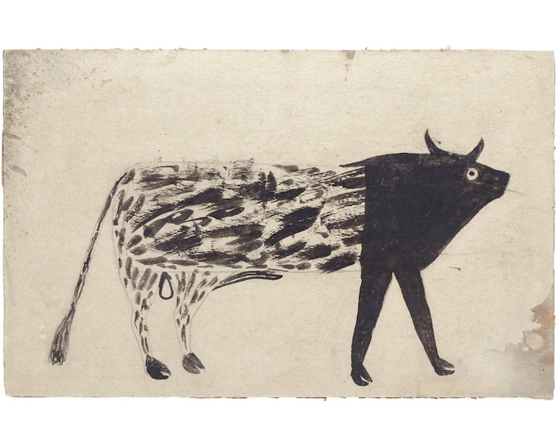 Bill Traylor bull painting, Modern black and white animal drawing, Vintage folk wall art, Americana art print, Primitive farm animal art image 2