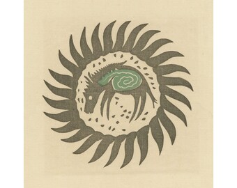 May include: A stylised black and green illustration of a horse inside a circle with a sunburst design.