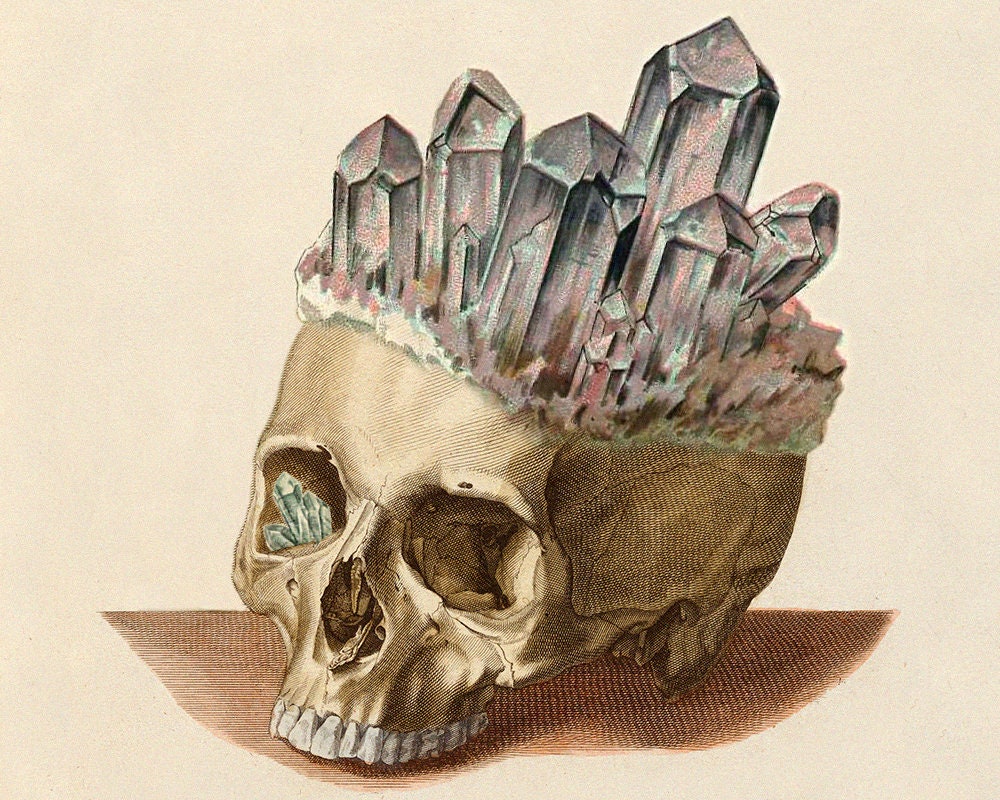 ビンテージ　昭和レトロ　70s ミッドセンチュリー　モダンアート　SKULL 額 Crystal Skull Art Print, Memento Mori Wall Art, Vintage Crystals