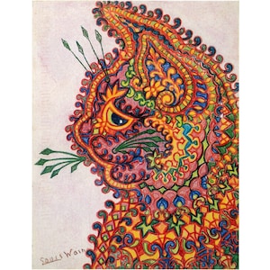 Kaleidoscope cat by Louis Wain art print, Folk art cat, Outsider art, Art brut, Naive art, Vintage cat painting, Psychedelic cat drawing