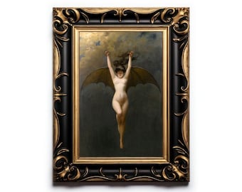 Antique woman with bat wings, Dark art print, Albert Joseph Penot, Vintage gothic oil painting, Night goddess, Wiccan wall art, Witchy