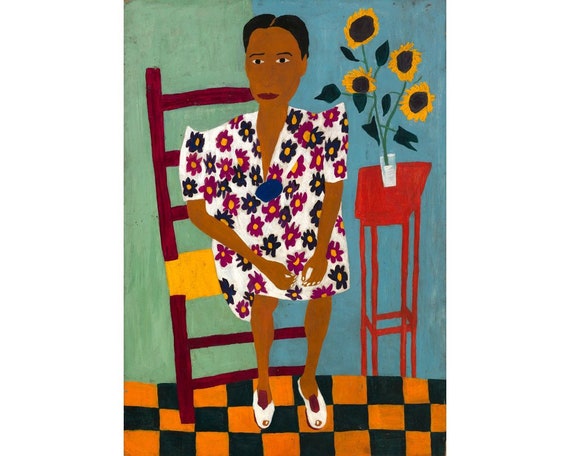 Black woman portrait painting, Vintage African American folk art print, William H Johnson print, Primitive Americana, Folk oil painting