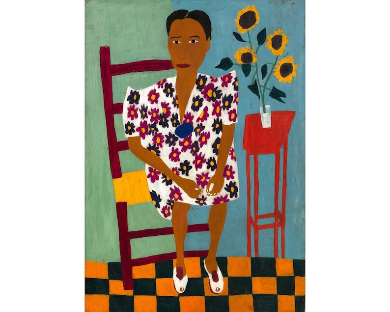 May include: A painting of a woman in a floral dress sitting on a chair. She is looking at the viewer. There is a vase of sunflowers on a red table behind her.