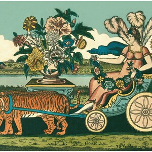 Goddess of Peace art print, Two tigers pulling her chariot, Antique American folk art painting, Vintage animal wall art, 19th century