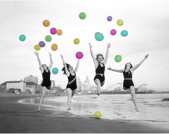 Vintage beach photo art print, Balloon dancers, Women jumping, Beach house decor, 1920s, 1930s, Joy wall art, Colorized antique photograph