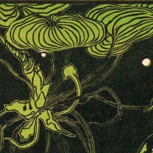 May include: A close-up of a green and black floral design with a stylized flower in the center. The design is reminiscent of Art Nouveau style.