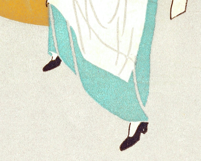 May include: A woman's skirt with a white apron and a turquoise blue underskirt. The skirt is worn with black shoes.