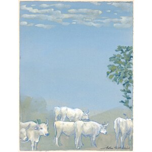 Cows art print, Cow wall art, Rural landscape art, Pastoral painting, Folk art print, Farm wall art, Farm decor, Animal art print, Cattle