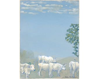 Cows art print, Cow wall art, Rural landscape art, Pastoral painting, Folk art print, Farm wall art, Farm decor, Animal art print, Cattle