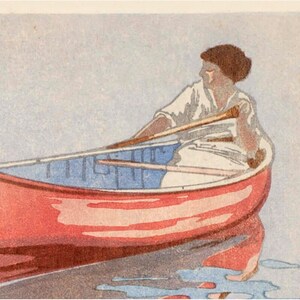 May include: A woman in a white shirt rows a red canoe on a body of water. The canoe has a blue interior and the woman is holding a wooden paddle.