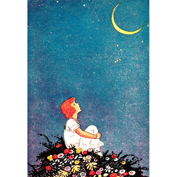 Little girl and crescent moon art print, Moon Wishes, Child gazing at the moon, Kids wall art, Child's room art, Starry sky, Night sky