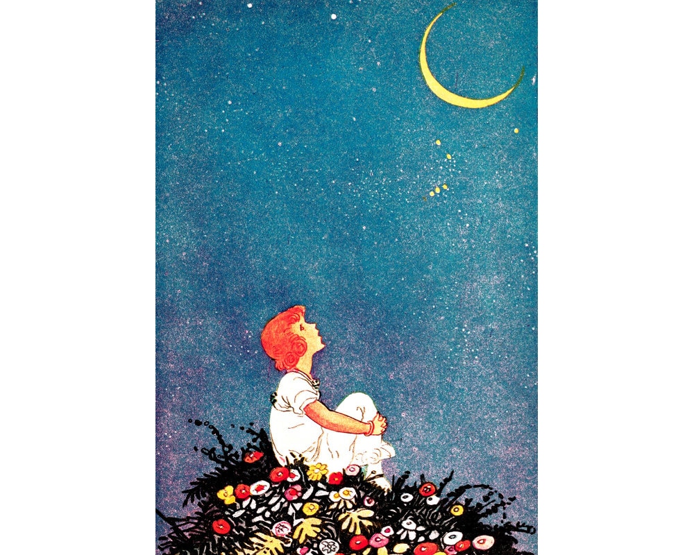 Little Girl and Crescent Moon Art Print, Moon Wishes, Child Gazing